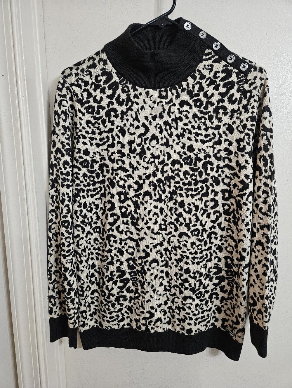 Calvin Klein Black & Cream Leopard Mock Neck Sweater with Shoulder Buttons M